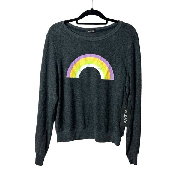 Wildfox Sweatshirt‎ Women’s Large Over The Rain Black Rainbow Long Sleeves NWT - Picture 1 of 9